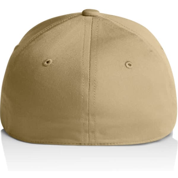A beige cap with a rounded, flat back and ventilation holes. It features a logo on the side.