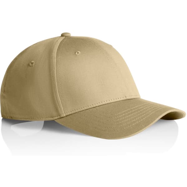 A beige cap with a curved brim and six panels, featuring an embroidered logo on the front.
