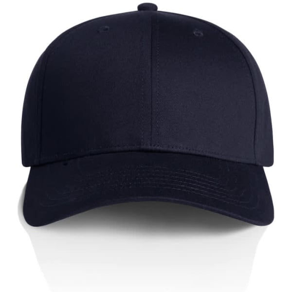 A navy blue cap featuring a structured design and a logo on the front.