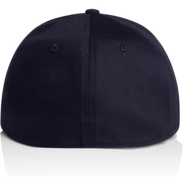 A navy blue cap featuring a rounded crown and a rear fastening, with a logo on the side.