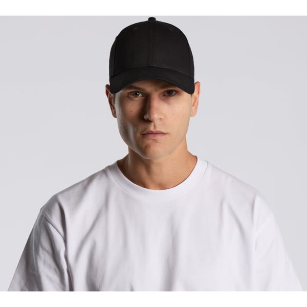 A black cap is worn by a model in a white T-shirt, featuring a logo on the front.