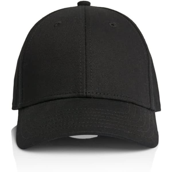 A black cap with a rounded peak and an adjustable strap at the back. It features a logo on the front.