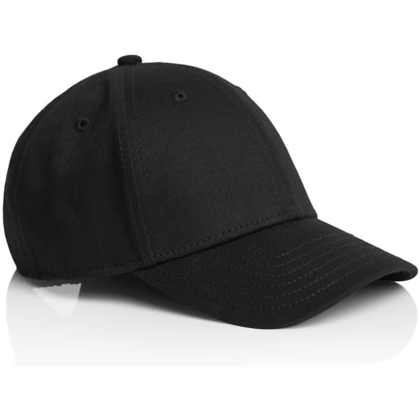 A black cap with a curved brim and adjustable back, featuring a logo. Suitable for kids.