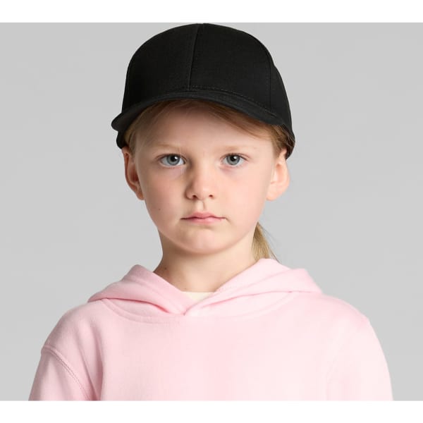 A black cap designed for kids, featuring a structured crown and a curved brim. It has a logo on the front.