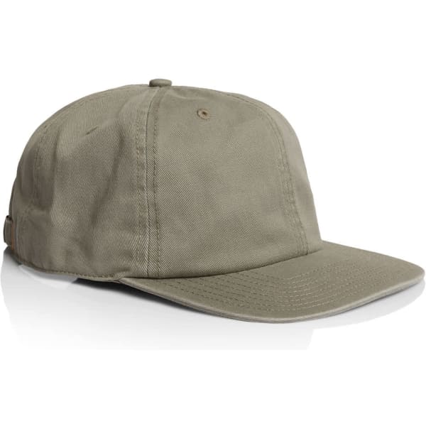 A khaki cap with a curved brim and a logo on the side, featuring a classic design.