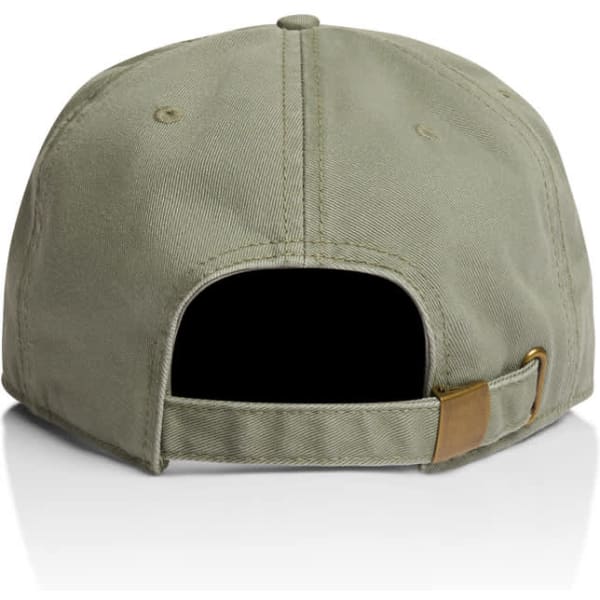 A khaki cap with an adjustable strap at the back. Features a logo on the side.
