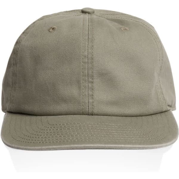 A khaki cap with a curved brim and an adjustable strap at the back, featuring a brand logo.