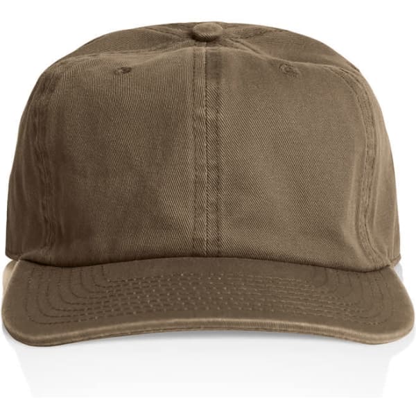 A brown cap with a structured design and a logo on the front.