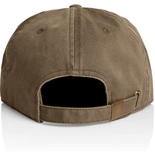 A brown cap featuring a fabric strap and an opening at the back. It has a logo on the back.