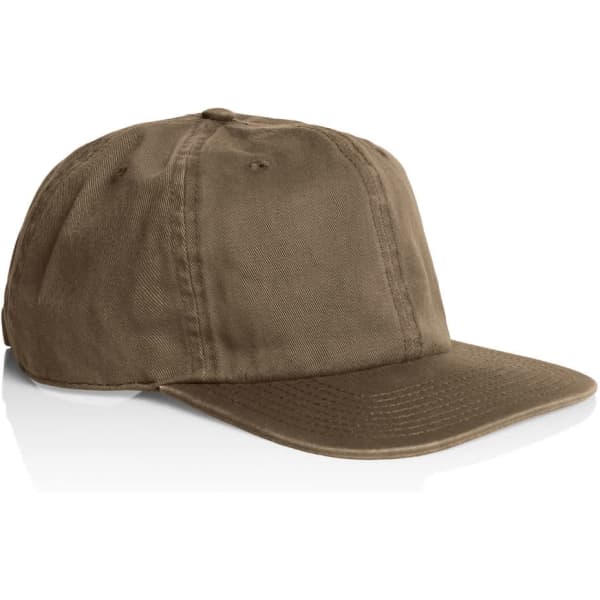 A brown cap with a flat brim, featuring a logo on the side and a classic snapback design.