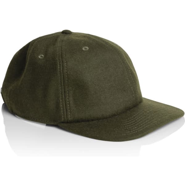A wool cap in olive green, featuring a structured design and a visible logo on the side.