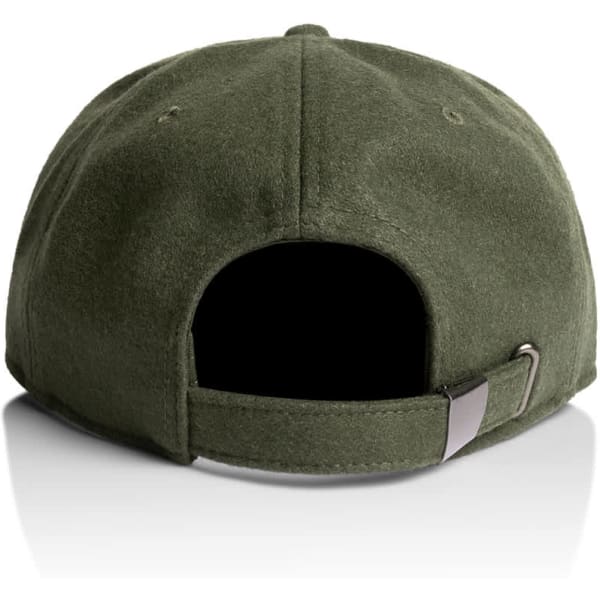 A green wool cap featuring a back opening and an adjustable strap, with a logo on the side.