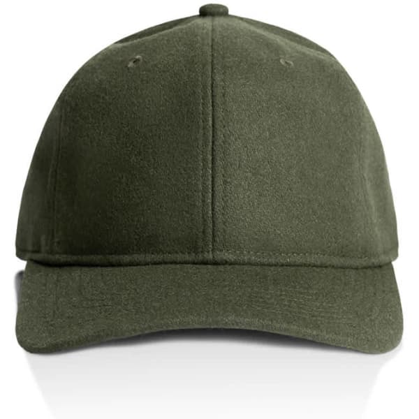 A green wool cap with a structured front and curved brim, featuring a logo on the side.