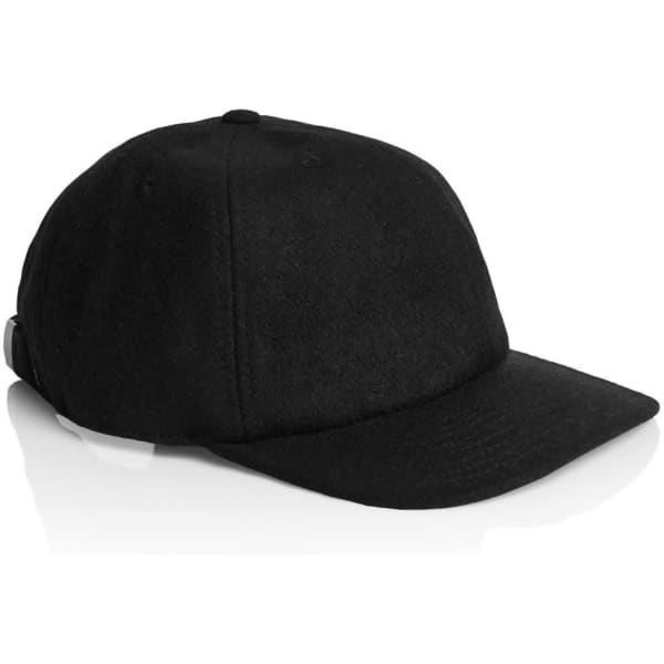 A black wool cap with a curved brim and a logo on the side, displayed against a white background.