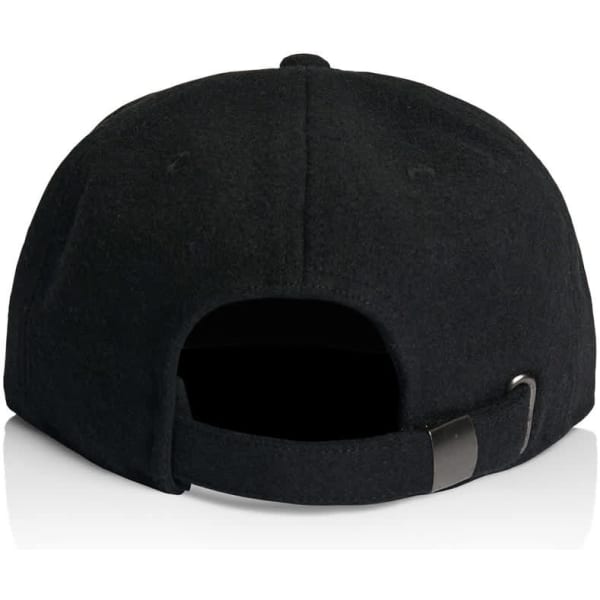 A black wool cap with a curved brim and an adjustable strap at the back, featuring a logo.