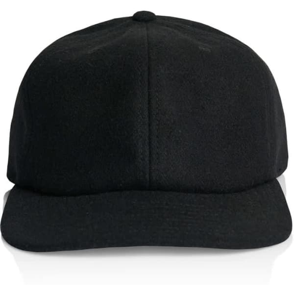 A black wool cap with a rounded crown and stiff brim; features a logo on the front.