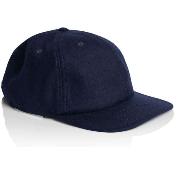 A navy wool cap featuring a curved brim and an adjustable strap at the back. It has a logo on the side.