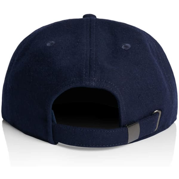 A navy wool cap with a curved brim and an adjustable strap at the back. It features a logo on the side.