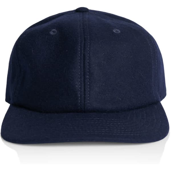 A navy wool cap featuring a curved brim and a branding logo on the front.