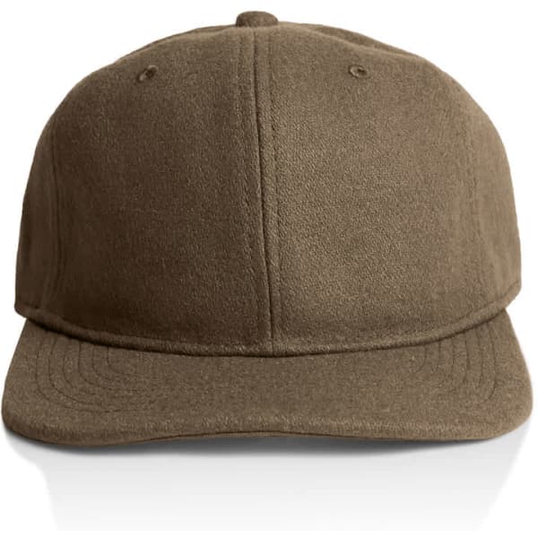 A brown wool cap with a structured design and a flat brim, featuring a logo on the front.