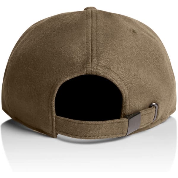 A brown wool cap featuring a back opening and an adjustable strap. The cap has a logo on it.