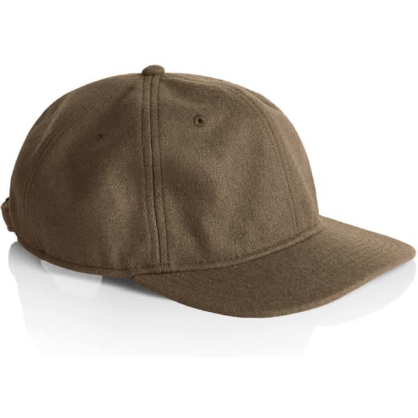 A brown wool cap featuring a curved brim and a logo on the side. Suitable for casual wear.