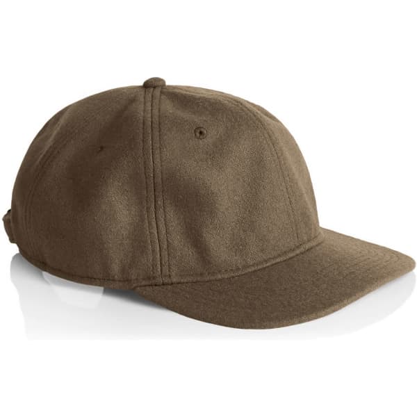 A brown wool cap with a curved brim and ventilation holes, featuring a logo on the side.