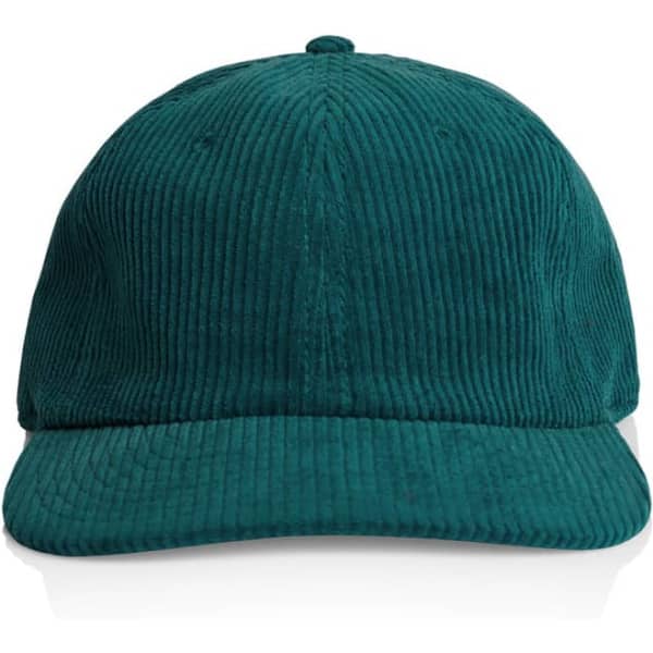 A green corduroy cap with a curved brim and a simple design, featuring a logo on the front.