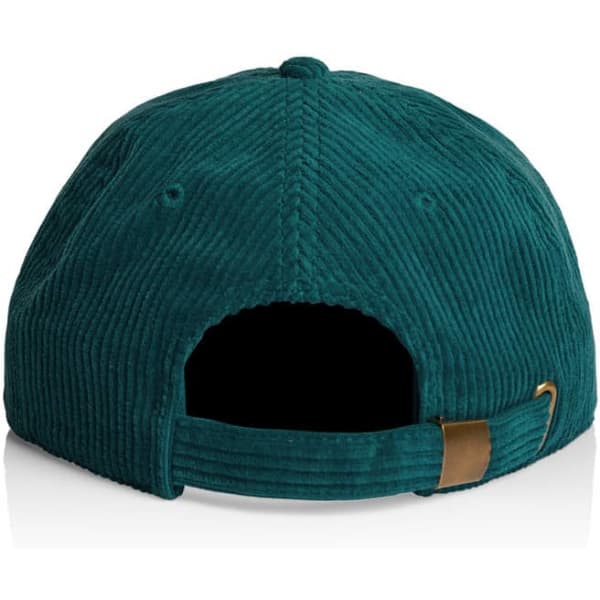 A teal cord cap featuring a strap adjustable at the back and a logo on the side.