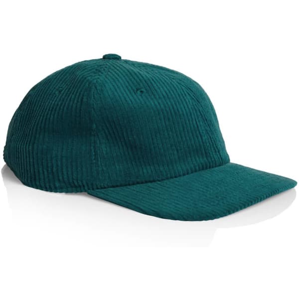 A green cord cap with a structured brim and a logo on the front.