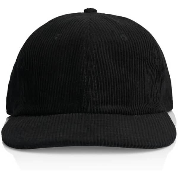 A black corduroy cap with a curved brim, featuring a logo on the front.