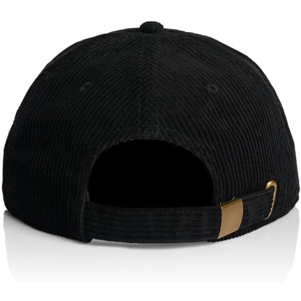 A black cord cap featuring a branded logo on the back and an adjustable strap.