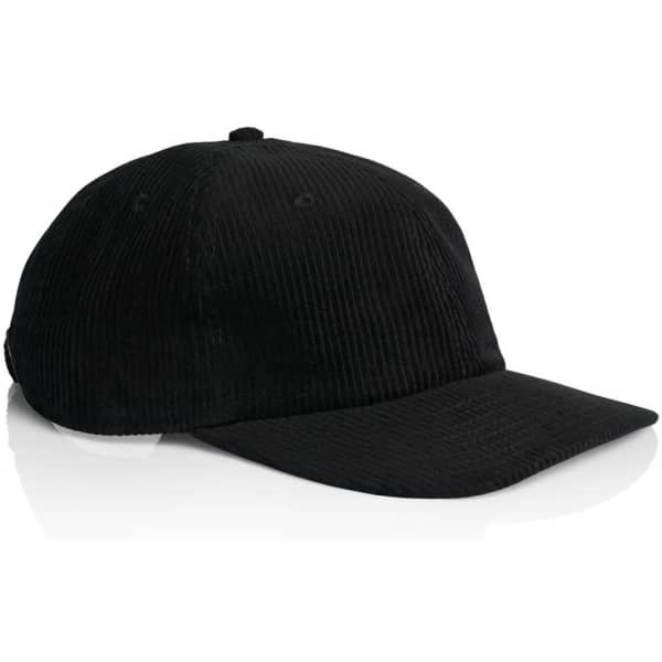 A black cord cap with a curved brim and a logo on the side, displayed at a slight angle.