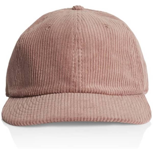 A pink cord cap featuring a front visor and a soft textured fabric. It includes a branding logo on the side.