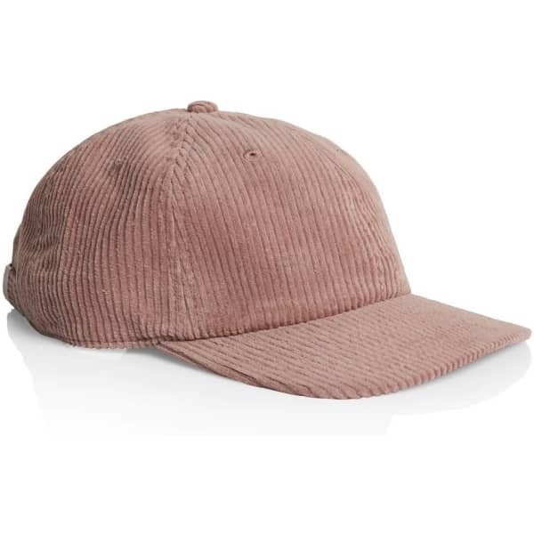 A pink cord cap with a curved brim and a textured fabric. The cap also features a logo.