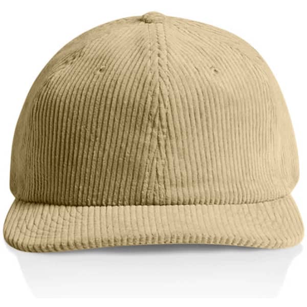 A tan cord cap with a rounded crown and a curved brim, featuring a logo on the front.
