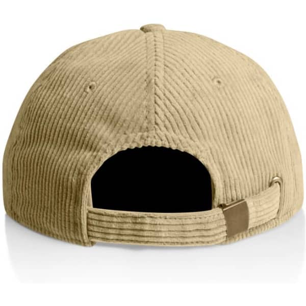 A beige cord cap with a textured fabric and an adjustable back strap. It features a logo on the side.