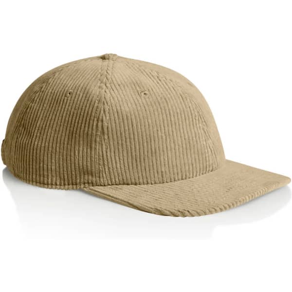 A tan corduroy cap with a curved brim, featuring a logo on the side.
