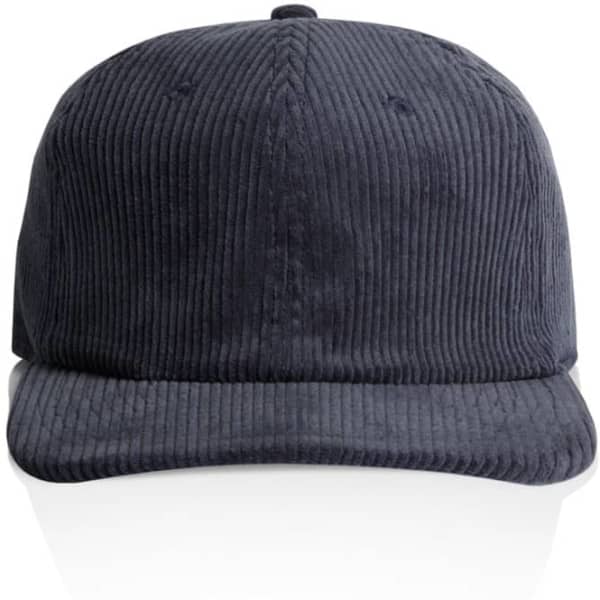 A dark navy cord cap with a structured front and a flat brim. The cap features a logo on the side.
