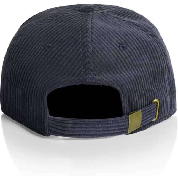 A dark blue cord cap with a curved brim and an adjustable strap at the back. It features a logo.