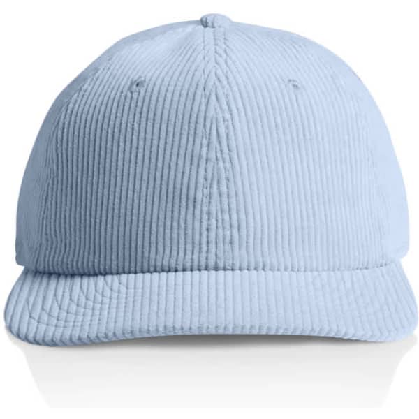 A light blue corduroy cap with a structured crown and a curved brim, featuring a logo on the front.