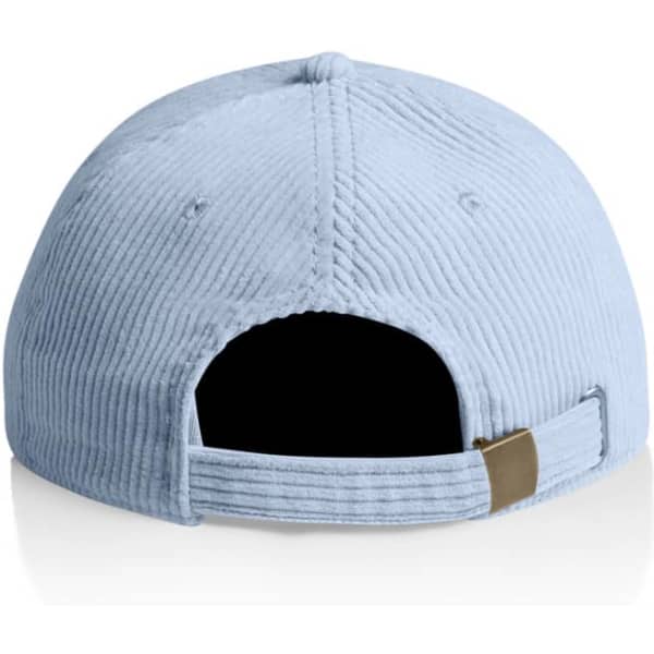 A light blue cord cap with an adjustable strap at the back, featuring a logo.