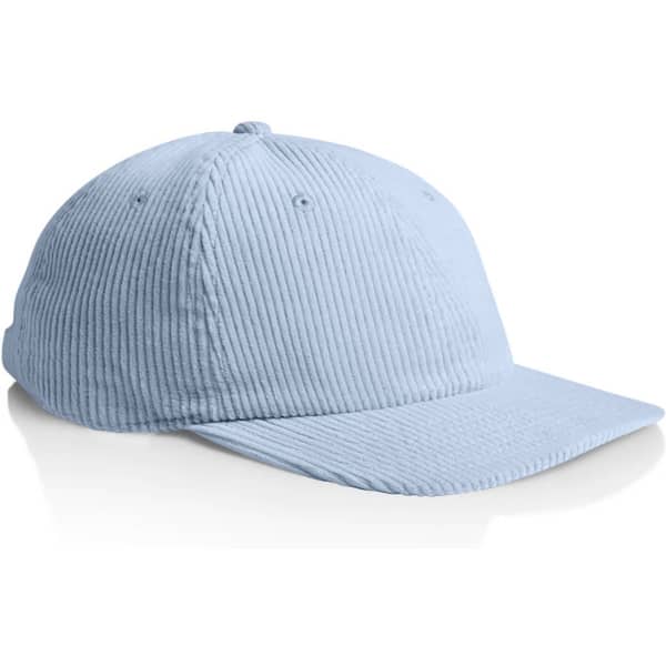 A light blue corduroy cap with a structured brim and a logo on the front.