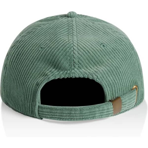 A green corduroy cap with a curved brim and an adjustable strap at the back, featuring a logo.