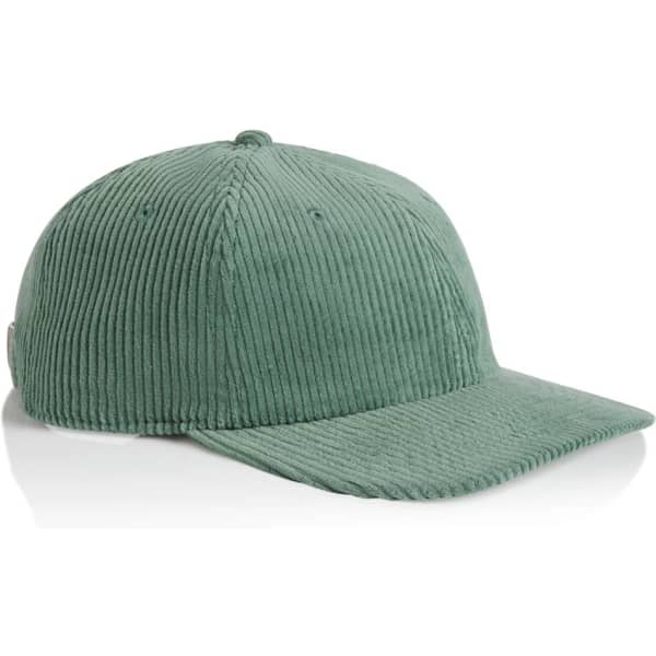 A green corduroy cap with a structured design and a rounded brim, featuring a logo.
