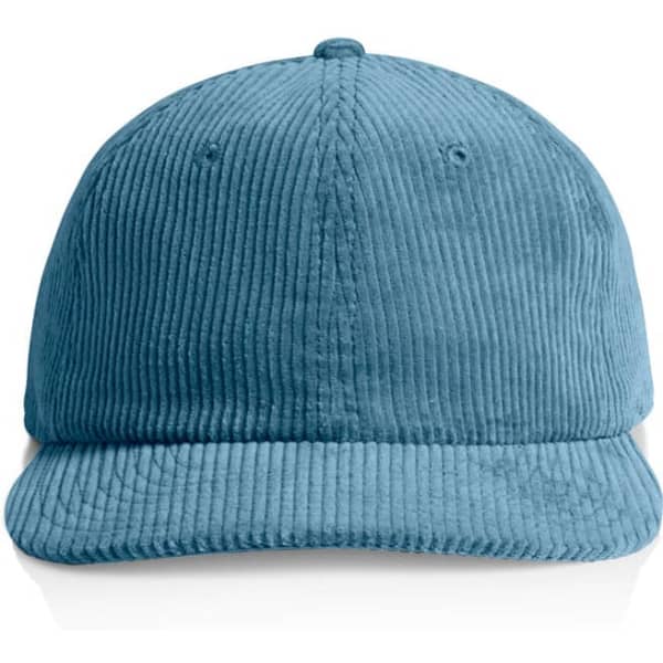 A blue corduroy cap with a rounded crown and a curved brim, featuring a logo on the front.