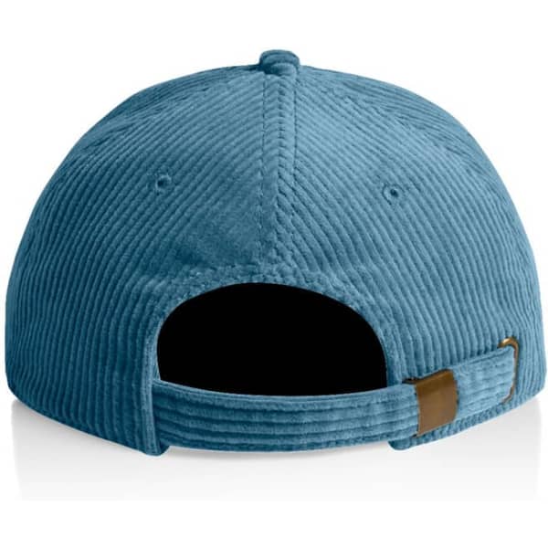 A blue corduroy cap featuring a rear adjustable strap and a logo on the back.