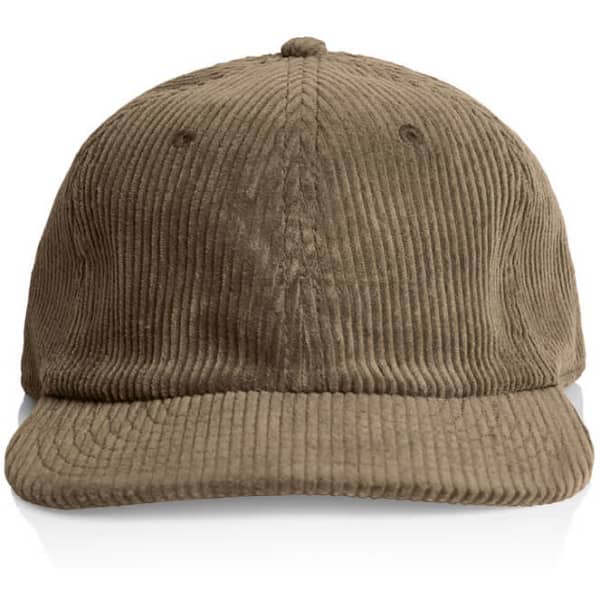 A corduroy cap in a muted brown colour with a curved brim and a logo on the front.