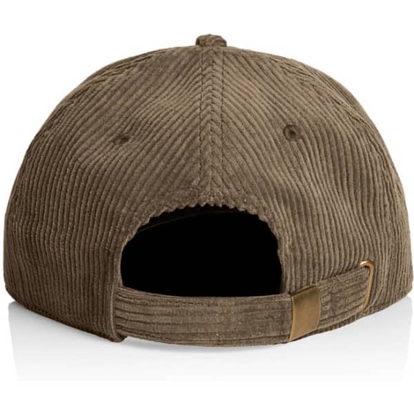 A brown corduroy cap with a rear adjustment strap and a logo. The texture is ribbed and plush.