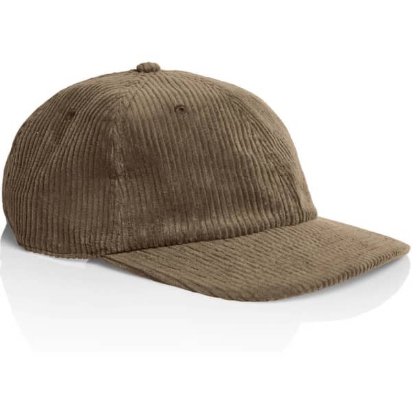 A brown corduroy cap with a curved brim and a simple logo.